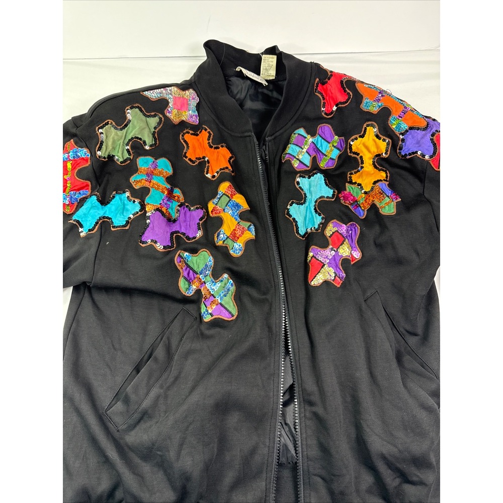 Vintage Gantos Sequin Puzzle Piece Bomber Jacket Black Multi Color Zip Up L